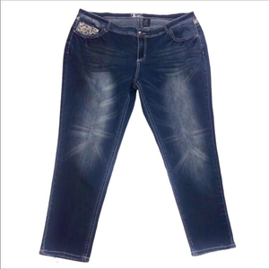 Soundgirl 24‎ denim blue medium wash faded straight leg embellished jeans